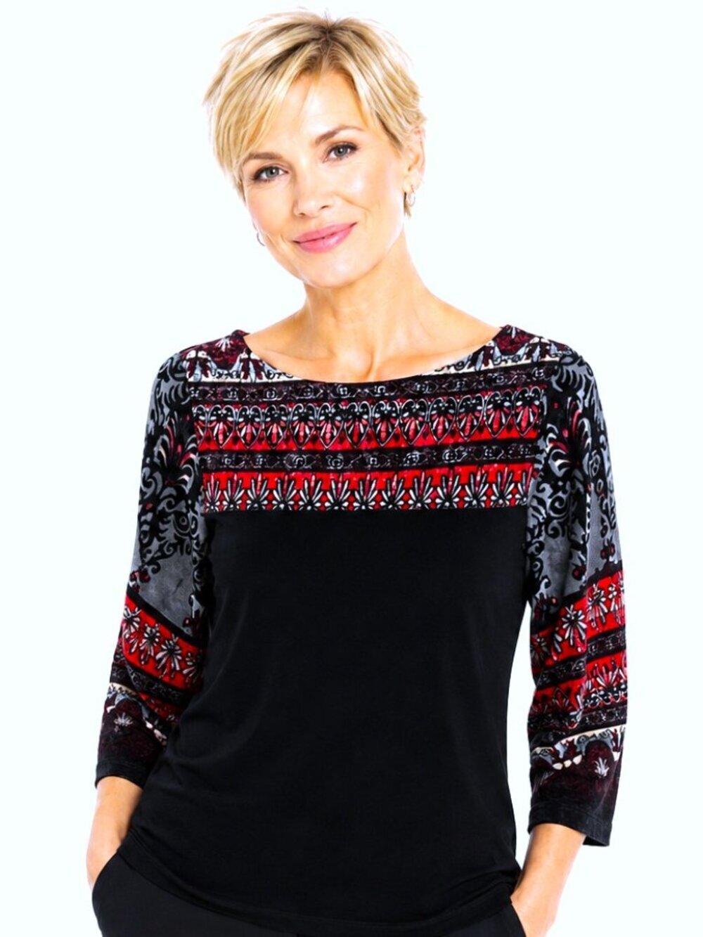 Chico's Black Red Velvet Burnout Sleeves Top